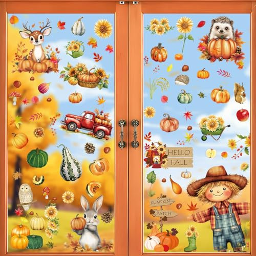 Toptime Fensterbilder Herbst, 99 Stück Wiederverwendbar Fenstersticker Herbst, 9 Blatt Herbstdeko Fenster Selbstklebend mit Kürbis, Vogelscheuche und Kaninchen, Thanksgiving Deko für Glas Wand Spiegel