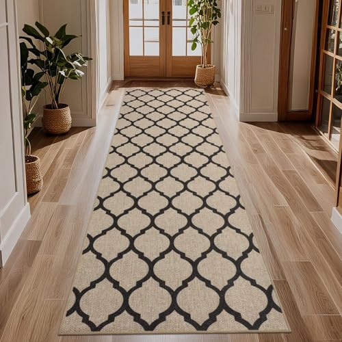 Geanlod Easy Jute Runner Rugs for Hallway 2'6x8, Geometric Washable Kitchen Entrance Rug Runners Non Slip, Long Boho Trellis Woven Indoor Outdoor Floor Carpets for Entryway Farmhouse, Black and Tan