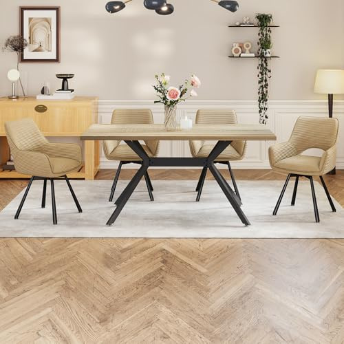 WAFTING Esstisch mit 4 Stühlen,Essgruppe,Heller Platte,Polsterstuhl Kaki | Esstisch Holz 140x80x76,Esszimmerstuhl Drehbar 360°mit Armlehne,Tischset Für Küche, Wohnzimmer, Esszimmer