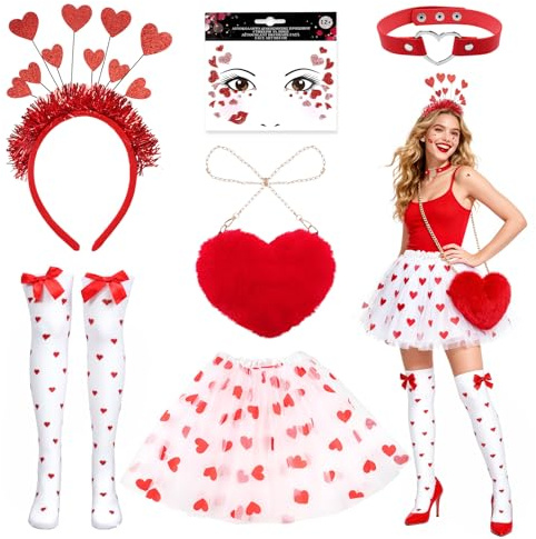 6PCS Cupid Costume Set for Women, Eros Angel Costume with Tutu Skirt, Heart Bag, Headband, Face Tattoo, Collar, Stockings, Eros Angel Adult Set , Cupid Outfit Accessories for Carnival Cosplay Party