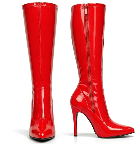 Women’s Knee High Stretch Stiletto Heel Boots Elegant Pointed Toe, Side Zip Sexy Bold Fashion Style Club & Party Wear (Red Patent, 6, UK Footwear Size System, Adult, Women, Numeric, Medium, 6)