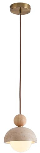 Hipzeepo Lampada A Sospensione A LED per Isola Cucina, Sala da Pranzo, Decorazione in Travertino Giallo e Legno, Pietra Naturale