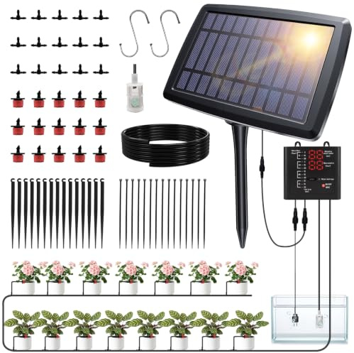 FOOING Solar Bewässerungssystem Garten, Solar Automatisches Bewässerungssystem mit 12 Timer-Modi, 15 m Schlauch für 15 Pflanzen, Tropfbewässerung für Balkon und Pflanzen im Urlaub (Schwarz)