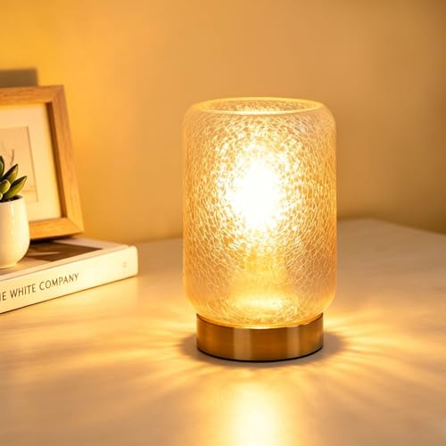 Jayencer Tischlampe, Deko Touchlampe, Kleine Lampe aus Metall Gold, Eisbruchglas Lampenschirm, Dimmbare Tischlampe aus Glas, E14 Fassung, LED-Birne Inklusive (Gold)