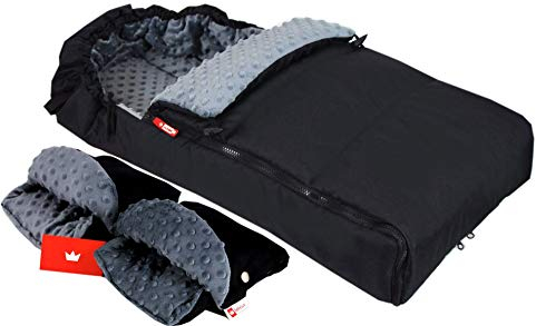 BABYLUX Fußsack 90cm MINKY Kinderwagen Buggy Babyschale Thermo +/ Muff Handmuff (Schwarz + Grau mit Handmuff)