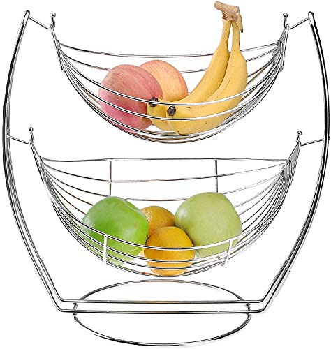 Swinging Fruit Basket Wire Display Basket with Detachable Baskets Compact Lightweight Fruit Bowl for Kitchen Counter or Camping Decorative Centrepiece (2 Tier Basket)