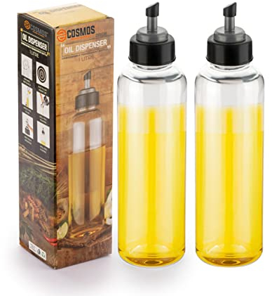 E-COSMOS 1 000 ml oljedispenser i plast kombopaket för olivolja, vinäger, flytande drycker för kök med lufttät dispenser lock (paket med 2)