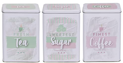 MIK funshopping Juego de lata de metal retro para café, té y azúcar, lata de café, té, azucarero con tapa (3 piezas, diseño vintage, color blanco, verde menta y rosa)