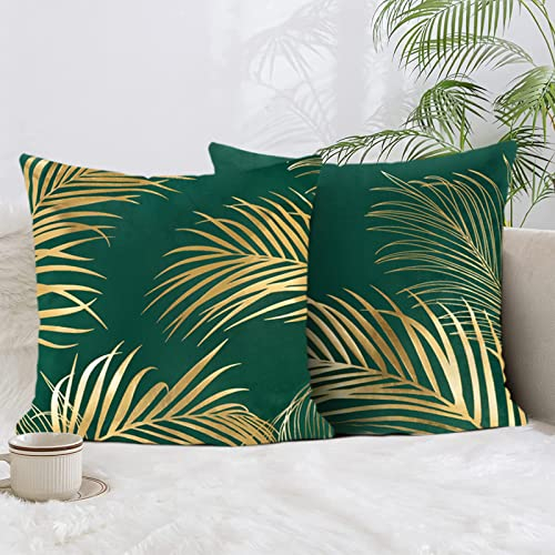Bonhause 2er Set Kissenbezüge Goldene Blätter 45 x 45 cm Samt Soft Grün Dekorative Kissenhülle Goldfolien-Druck Zierkissenbezüge für Sofa Schlafzimmer Wohnzimmer Auto Zuhause Dekoration