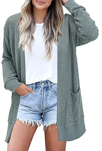 STYLEWORD Cardigan Ladies Chaqueta de Manga Larga Ligera para el Verano Jersey de Punto con Bolsillos Abiertos por Delante(Verde grisáceo,XXL)