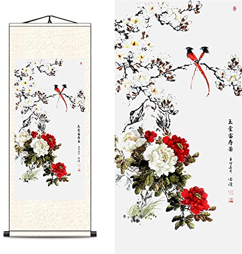 FOVNOT Arte Parete Cinese a Rotolo di Seta con Peonie | Dipinto Botanico Vintage Floreale | Decorazione Orientale Asiatica con Fiori (Scorrimento)