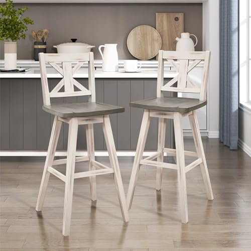 Lexicon Bar Height Bar Stools Set of 2-Solid Wood Frame 360° Swivel Wooden Stools, Foot Rest, X Back, Wide Seat, Distressed Farmhouse Easy to Clean Finish, 28.5 SH, Antique White/Grey