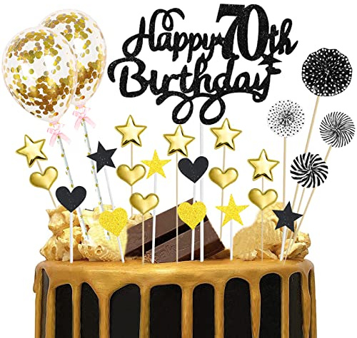 70th Birthday Cake Topper Black Gold Glitter Happy 70th Birthday Cake Topper Kit 70th Birthday Cake Toppers for Men Women 25pcs Birthday Cupcake Toppers for Seventy Birthday Anniversary Party Decor