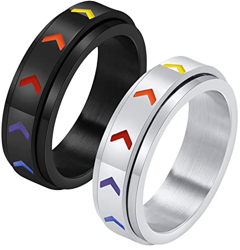 Flongo Herren Ringe Paar Ringe LGBT Regenbogen Drehbare Ringe Schwarz Silber Edelstahl-Ringe für Homosexuelle gay les BFF Ringe