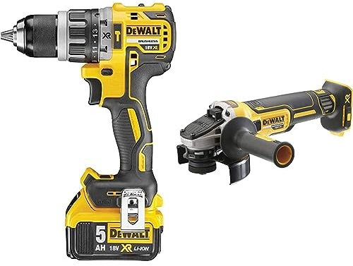 DEWALT - Perceuse Visseuse à Percussion Compact Brushless XR 18V Li-Ion 5Ah & Meuleuse Burshless XR 18V 5Ah Li-Ion - DCG405NT-XJ - Meuleuse Électrique sans Fil avec Coffret TSTAK