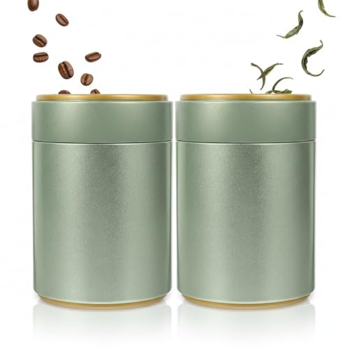 Housoutil Airtight Lid Tea Canister Tinplate Tea Caddy for Loose Bags and Coffee Bean Storage Sealed Metal Storage Jar 6.69 X 3.35 X 4.72 in Set of 2