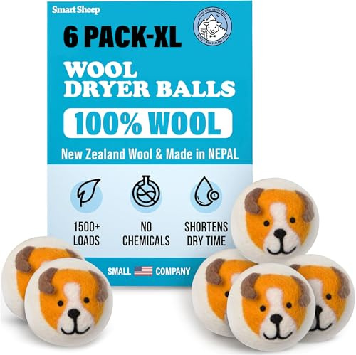 Wolltrocknerbälle - Smart Sheep 6er-Pack - XL Premium Natürlicher Weichspüler Preisgekrönt - Wollkugeln Ersetzt Trocknerblätter - Wollkugeln für Trockner - Wäschebälle für Trockner (Verspielte Welpen)