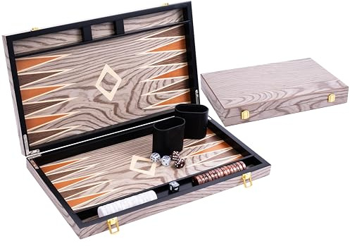 Engelhart - 250543 - Grand Backgammon de Luxe 18 Pouces - Plaqué Bois d'Ébène Verni Gris – Jeu de Société Classique – Cadeau de Luxe – 57 x 46 x 3 cm (Ouvert)- Jeu en Bois Marquete