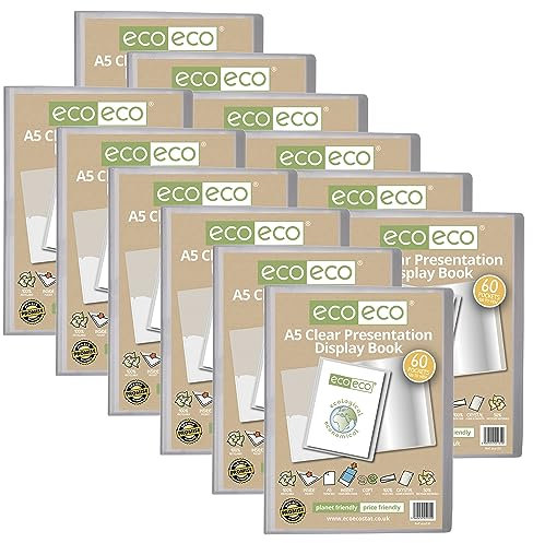 eco-eco Präsentationsbuch, A5, 50% recycelt, 60 Taschen, transparent, Aufbewahrungsbox, Portfolio-Kunstmappe mit Kunststoffhüllen, 12 Stück, eco131 x 12