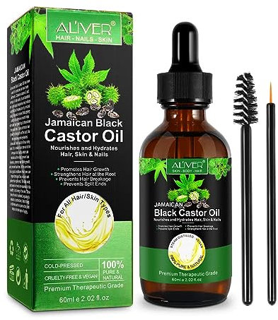 Jamaican Black Castor Oil, Pure Cold Pressed Castor Oil for Eyebrows, Eyelashes, Hair Growth, Nails, and Skin with 1 Set of Eyebrow & Eyeliner Brushes 60ml