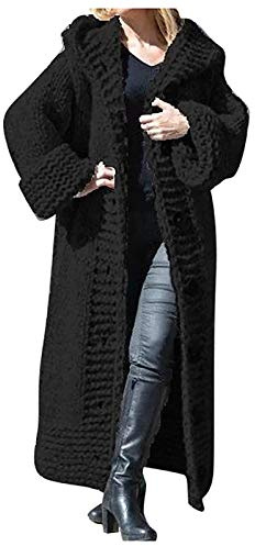 Cardigan à capuche long en tricot épais pour femme - Grande taille - Longueur cheville - Surdimensionné - Couleur unie - Pull d'extérieur chaud - Manteau d'hiver S-5XL, Noir , M