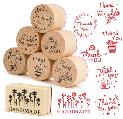7pcs Wooden Rubber Stamps Pattern Thank You Handmade Round Wooden Printing Stamp for Scrapbook Card DIY Crafts Gift Wrapping Modeling Clay Card Making