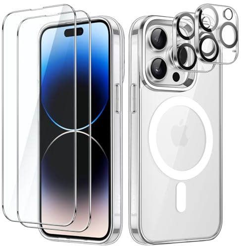 JETech 5 i 1 Magnetiskt Skal för iPhone 14 Pro, Klar | Kompatibel med MagSafe, 2 Skärmskydd av Härdat Glas, 2 Kameralinsskydd, Stötsäker Bumper Fodral