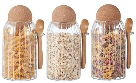 Eden & Willow Clear Glass Kitchen Jar with Cork Ball Lid and Bamboo Spoon | BPA-Free Mason Canister for Coffee, Beans, Spices, Dry Foods (Set of 3, 0.8L, Ribbed)