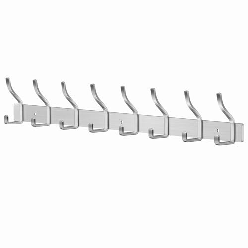 MEIJO Garderobenhaken Edelstahl Hakenleiste Garderobe Garderobenleiste Silber Kleiderhaken Wand mit 8 Haken Wandhaken garderobe für Schlafzimmer Bad Küche Kleiderständer (Silber, 8 Haken)