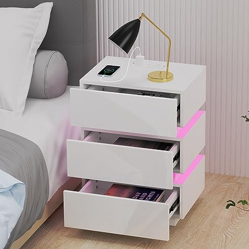 Rcynview Hochglanz Nachttisch mit Steckdose, Nachttische mit Led und Ladefunktion, Nachtschrank mit 3 Schubladen, Nachtkommode für Wohnzimmer, Schlafzimmer (45x35x62cm Beistelltisch, Nachttisch Weiß)