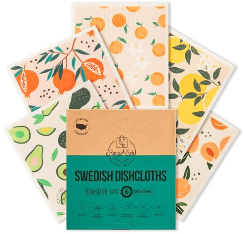 Harps&Seb Swedish Dishcloths for Kitchen Dish Towels - 5 Pack, Non-Scratch Reusable Paper Towels, Super Absorbent Washable Swedish Dish Cloths, No Odor, Biodegradable, Fruit Design