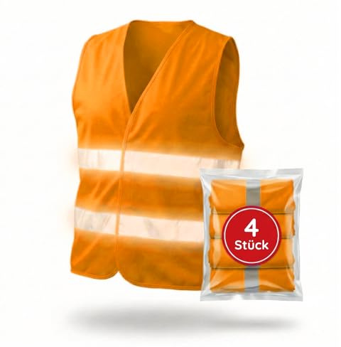 FLEXEO Warnwesten nach EN ISO 20471 | für Auto/Kfz | Erwachsene | Warnschutzweste, Sicherheitsweste für Motorrad, Baustelle | Reflektierende Weste | EU-Norm (4 Stück, Orange)