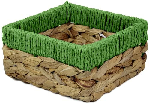 Small Water Hyacinth Square baskets for storage. Natural with Green edges for shelves open hamper decorative gift mini tray make up Kitchen organiser (1 x Pack, Small 14cm)
