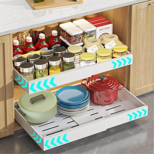 Hykiee Teleskopschublade Ausziehbare Schublade Küche, Schrank Schubladen Ausziehbar, Pull Out Küchenschrank Organizer Schublade Metall Weiß Schubladenauszug 32-52cm Einstellbare Breit 42cm Tief