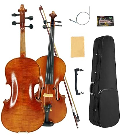 Yinfente Akustische Violine mit 4 Saiten, Ahornholz, Massivholz, Ebenholzbeschläge, extra Saite, Etui, Bogen, Steg, Reinigungstuch, Violinen für Anfänger