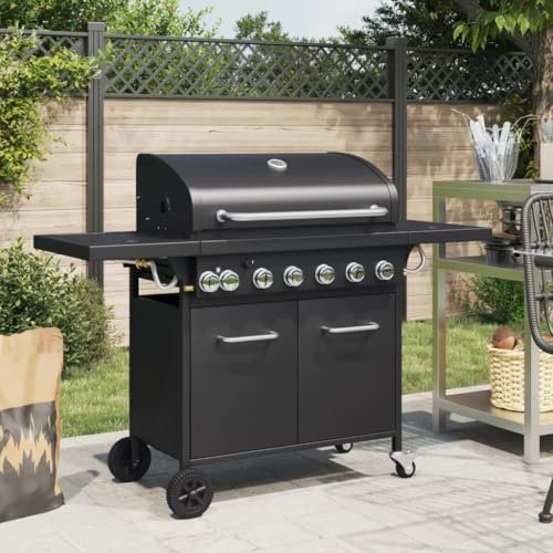 Homgoday Barbecue Gril à Gaz avec 7 Brûleurs Noir Acier Enduit de Poudre, Barbecue Grill d'Extérieur, BBQ à Charbon Smoker Fumoir pour Viande, Poisson, Fromage Cuisine extérieure B