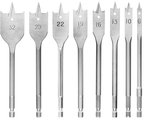 Aoyfuwell 8-Piece Wood Spade Drill Bits Set, 6-32mm Spade Drill Bit Set, Heavy Duty Flat Wood Bit Sets, 1/4 inch Hex Shank Paddle Tools Flat Bits Blades Set for Woodworking Plastic Chipboard