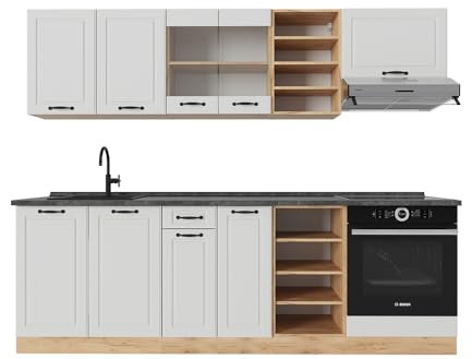 Vicco Cuisine R-Line, Blanc campagnard/Chêne doré, 240cm, PT Anthracite
