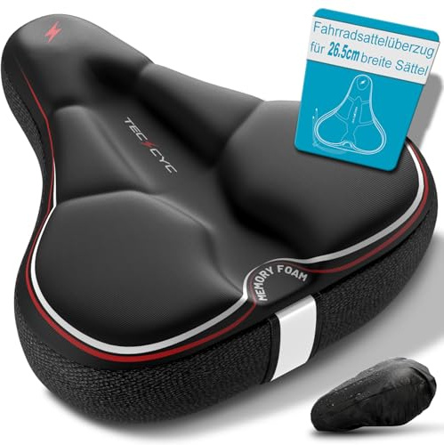 TECHCYC Housse Selle vélo, Double Mousse à mémoire de Forme,Coussin de siège Ergonomique, Unisexe, avec Bandes réfléchissantes, Convient pour vélo d'appartement et vélo de Ville (26 x 25 cm)