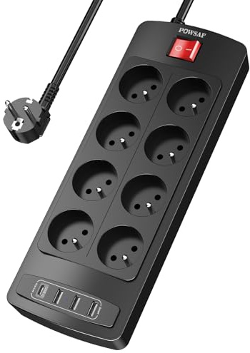 POWSAF Multiprise 12-en-1 avec 8 Prises + 4 Ports USB, Bloc de Prises 3680W/230V avec Interrupteur, pour Maison/Bureau - Noir