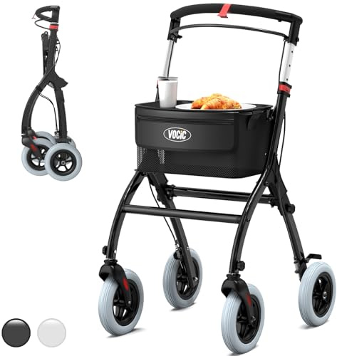 VOCIC Lightweight Indoor Walking Frame for Home, Foldable Zimmer Frame with Wheels for Senior Aluminium Walker, Rollator Walker with Quiet Tires & Tray for Small Doorways, UKCA (Black)