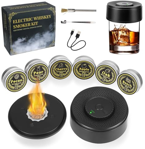 Electric Cocktail Smoker Kit with 6 Wood Chips, Rechargeable Whiskey Smoker Kit, Cocktail Kit for Bourbon Whiskey, Mens Gifts for Men, Dad, Husband, Boyfriends