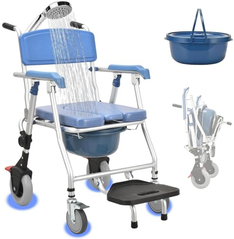 Sedia Doccia per Disabili e Anziani con Ruote, Sedia WC Comoda per Anziani Disabili, Sedia da Toilette Mobile con Freno e Vasino, Regolabile in Altezza (Blu, 63 x 55 x 90 cm)