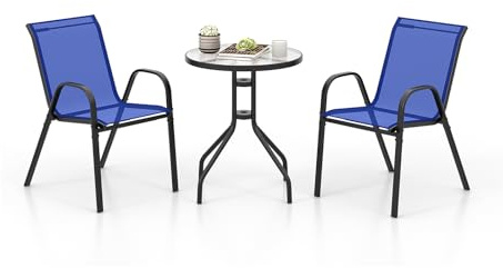 GOPLUS Bistro Set 3 teilig, Ø60cm Bistrotisch mit 2 Stühle stapelbar, Balkonmöbel inkl. Glastisch & Bistrostühle, Gartenmöbel Balkonset, Sitzgruppe Outdoor für Garten Balkon Hof Balkon (Blau)