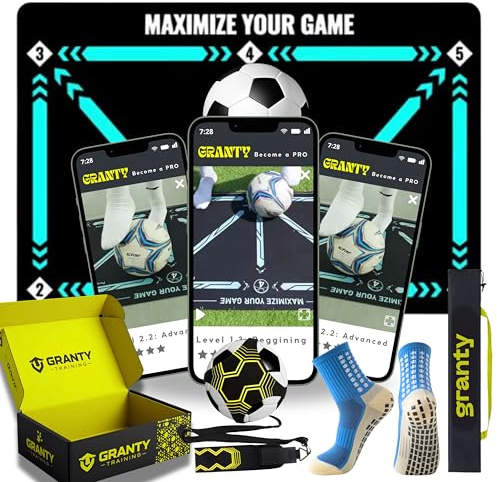 GRANTY Tappeto Allenamento Calcio con APP- Include Kick Throw, Calzini, Borsa e APP video - Allenamento Calcio - Tappetino allenamento calcio