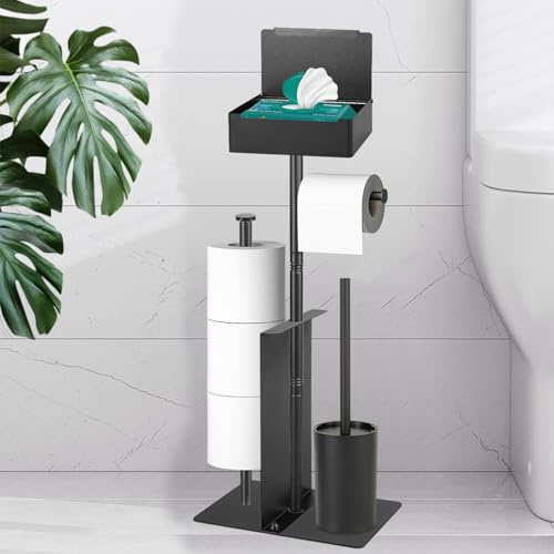 HISAMGO Schwarz Toilettenpapierhalter Stehend mit WC Bürste | Edelstahl Garnitur Klopapierhalter und Klobürste, Toilettenbürste und Klorollenhalter mit Feuchttücherbox