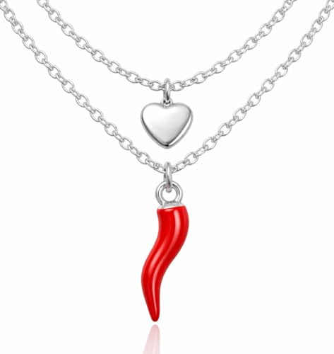 DEIMODRA - Collana con Corno e Cuore Donna Acciaio, Ciondolo Cornetto Rosso Portafortuna, Simbolo Porta Buona Fortuna, Color Argento