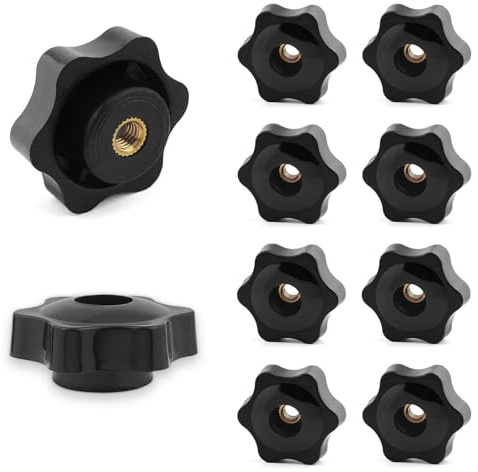 10PCS M8 Star Knob Nuts, M8 x 32mm Thumb Knobs, Through Threaded Knob Nut Hex Head, Copper Core Hand Tighten Clamping Knobs, Tool-Free Hardware for Machine Tools Furniture Fitness Equipment, Black