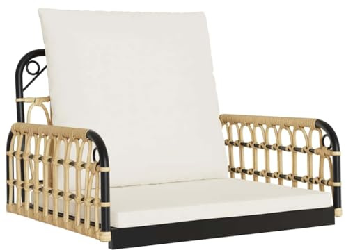 Fisinber Sillón colgante con cojín, columpio de jardín de polirratán, cómodo balancín para balcón y terraza, soporta hasta 110 kg, incluye cojín para asiento y respaldo, color marrón