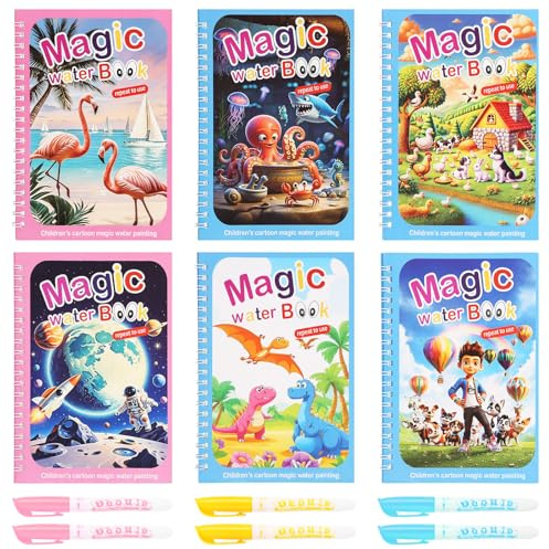 MOSTFUN 6 Pièces Livre de Dessin Magique de L'eau | Livre de Peinture à l'eau Réutilisable avec Stylo Leau, Livre de Coloriage Magique à Leau pour Enfants Education Dessin